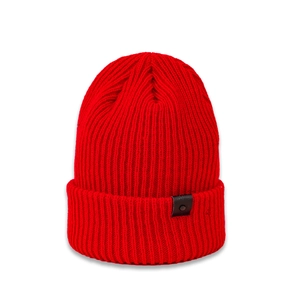 Detailed view of red chunky knit beanie with leather patch and metallic stud detail