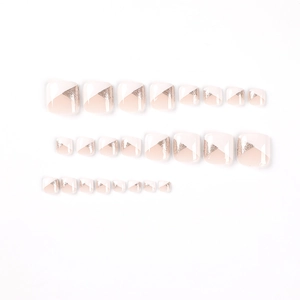 24-piece pink and white French press-on toenails with diagonal glitter design
