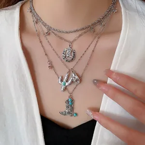 Western Cowboy Style Layered Necklace Alloy Multi Strand Chain With Cowboy Boot Cactus Horseshoe Pendants Vintage Jewelry