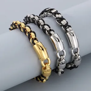 Herren Armband Edelstahl Und Geflochtenes Leder Retro Griechisches Muster Trendy Punk Schmuck Zubehör