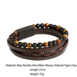 Handmade multilayer leather bracelet for men with natural tiger eye and obsidian stones