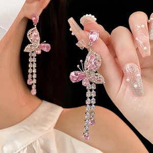 Butterfly Tassel Drop Earrings For Women Alloy Pink Zircon Sparkly Dangling Jewelry With Silver Earring Post