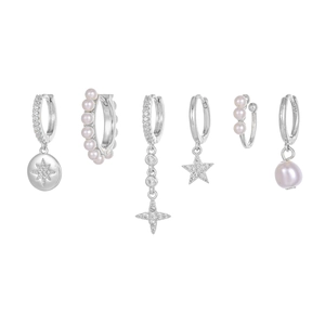 Detail view of 6-piece silver star and pearl earring set with zirconia on white background