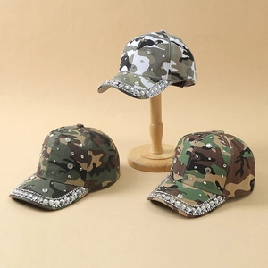 Three camouflage baseball caps with sparkling rhinestones for summer outdoor protection