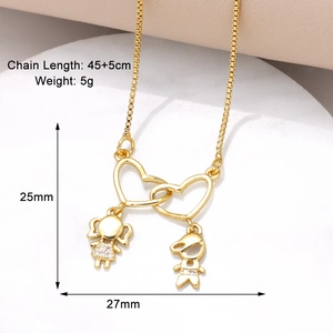 Detailed view of gold intertwined heart necklace with boy and girl pendants and zircon stones