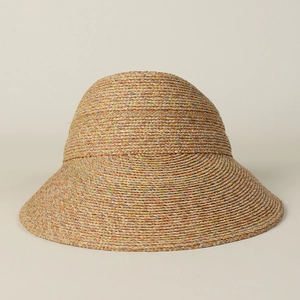 Close-up of the detailed multi-color fiber weave pattern on the brim of this straw sun hat