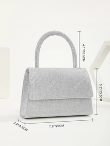 Detailed size specifications for the silver sequin evening bag with dimensions and handle height