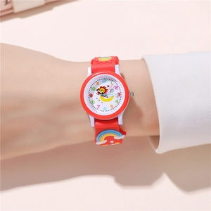 Close-up of kids quartz watch featuring 3D rainbow strap and sun moon dial patterns