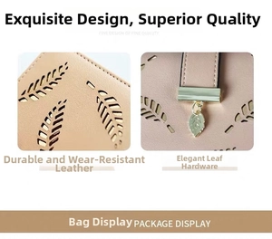 Detail of laser-cut leaf pattern and leaf metal pendant on beige leather wallet