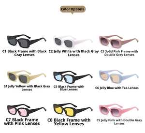 Grid view of nine color variations for oversized square sunglasses with woven texture temples