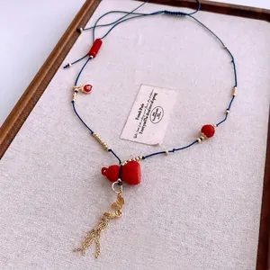 Vintage Gourd Pendant Necklace Copper Cinnabar Tassel Long Braided Rope Sweater Chain Ethnic Style Jewelry For Women