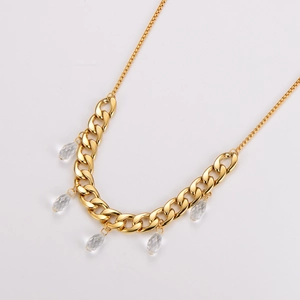 Golden 304 stainless steel Cuban chain necklace with clear crystal teardrop pendants