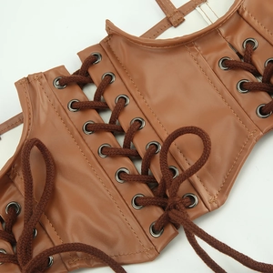 Brown faux leather corset belt with metal eyelets and decorative lace-up front detail