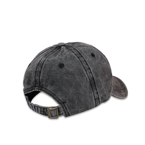 Close-up of washed charcoal grey baseball cap showing metal buckle and fabric texture
