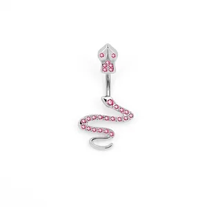 Detailed view of snake belly ring with pink zircon pave setting on silver metal