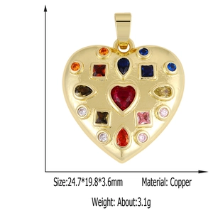 Macro view of gold-plated copper heart pendant with colorful zircon stones and dimensions