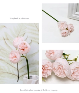Macro detail of multi-layered light pink silk peony flower petals and realistic green stems