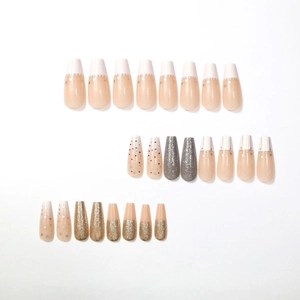 24pcs long ballet press-on nails with French gradient, glitter stars and dots design