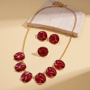 Three-piece vintage red enamel jewelry set with gold necklace earrings and ring