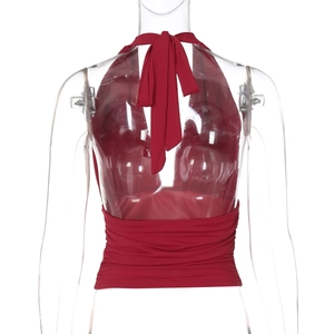 Back view of red halter neck top with tie-up straps and pleated waist detail