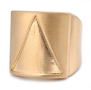 Men's gold stainless steel ring with matte brushed texture and geometric triangle design