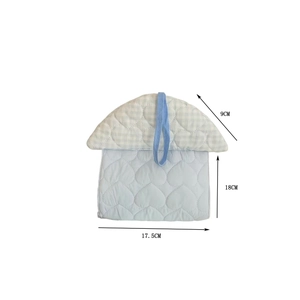 Detailed size view of quilted heart tissue holder with house shape and blue checkered roof