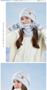 Detail of blue striped winter knit set featuring fuzzy hat, scarf and gloves for women
