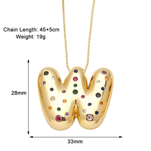 Detail showing letter W pendant with colorful crystals and chain dimensions 28x33mm