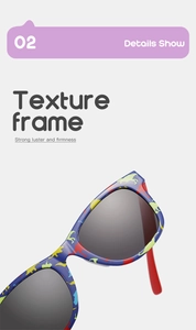 Detailed view of the vibrant blue plastic frame with colorful dinosaur prints and dark lenses