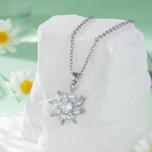 Elegant Flower Pendant Necklace Titanium Steel Copper With Sparkly Zircon Korean Style Minimalist Jewelry For Women