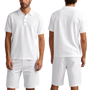 Front and back views of white linen short sleeve polo and shorts set for men