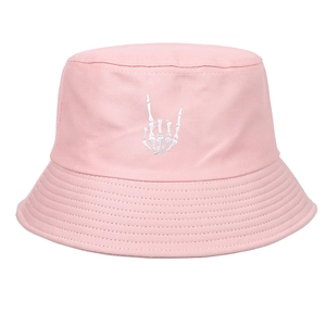 Pink cotton bucket hat with white skeleton hand embroidery for sun protection