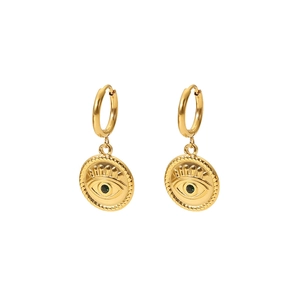 18K gold plated stainless steel hoop earrings with green stone evil eye pendant charms