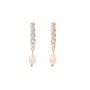 Elegant vertical drop earrings with micro-set zircons and white freshwater pearl drops