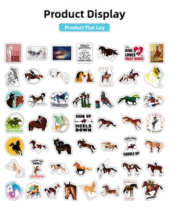 Close-up of assorted waterproof equestrian horse stickers with cartoon and realistic designs
