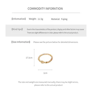Size chart showing 17.5cm gold quartz beaded bracelet specs with weight and bead diameter