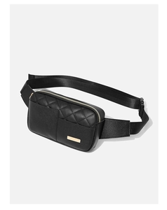 Detail shot of the black quilted PU leather belt bag with golden zipper and logo plate