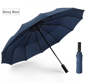 Detail of navy blue automatic folding umbrella showing both open and closed states