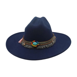 Chapeau fedora bleu marine à bord large avec perles et pompons style bohème