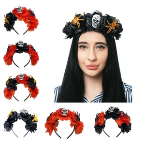 Halloween headband set featuring red roses, skull, and gold spiders for party wear