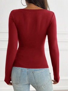 Slim fit burgundy long sleeve top featuring a professional U-shape back neckline design