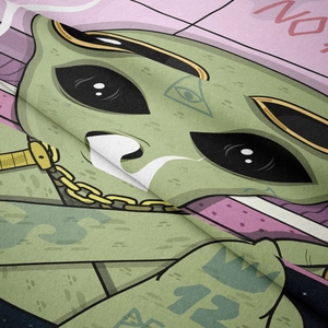 Macro detail of high-quality digital printing on soft fabric with vibrant alien graphic