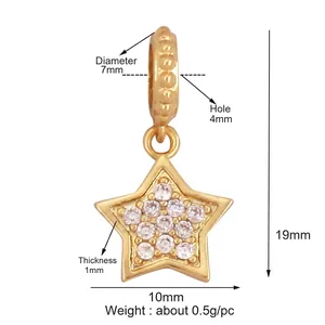Detailed view of 19mm gold plated star pendant with white zircon inlays and measurements