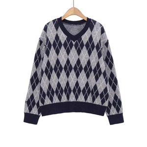 Women Argyle Knit Sweater V Neck Long Sleeve Pullover Vintage Geometric Pattern Casual Knitwear Tops