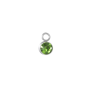 Detailed view of a small 6mm round green birthstone charm with stainless steel loop
