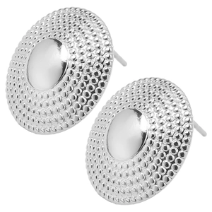 Detail of round stainless steel stud earrings with textured edge and polished center