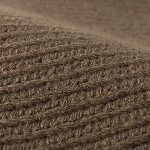 Coffee brown knit beanie with thick ribbed texture and warm ear protection design