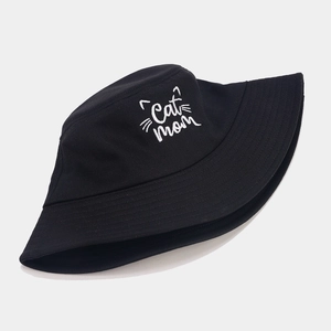 Black cotton bucket hat featuring white Cat Mom embroidery and cat ears design