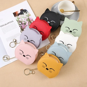 Cartoon cat mini makeup pouch with mirror in assorted colors and lychee texture