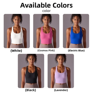 Dettaglio reggiseni sportivi senza cuciture in cinque colori tra cui blu elettrico